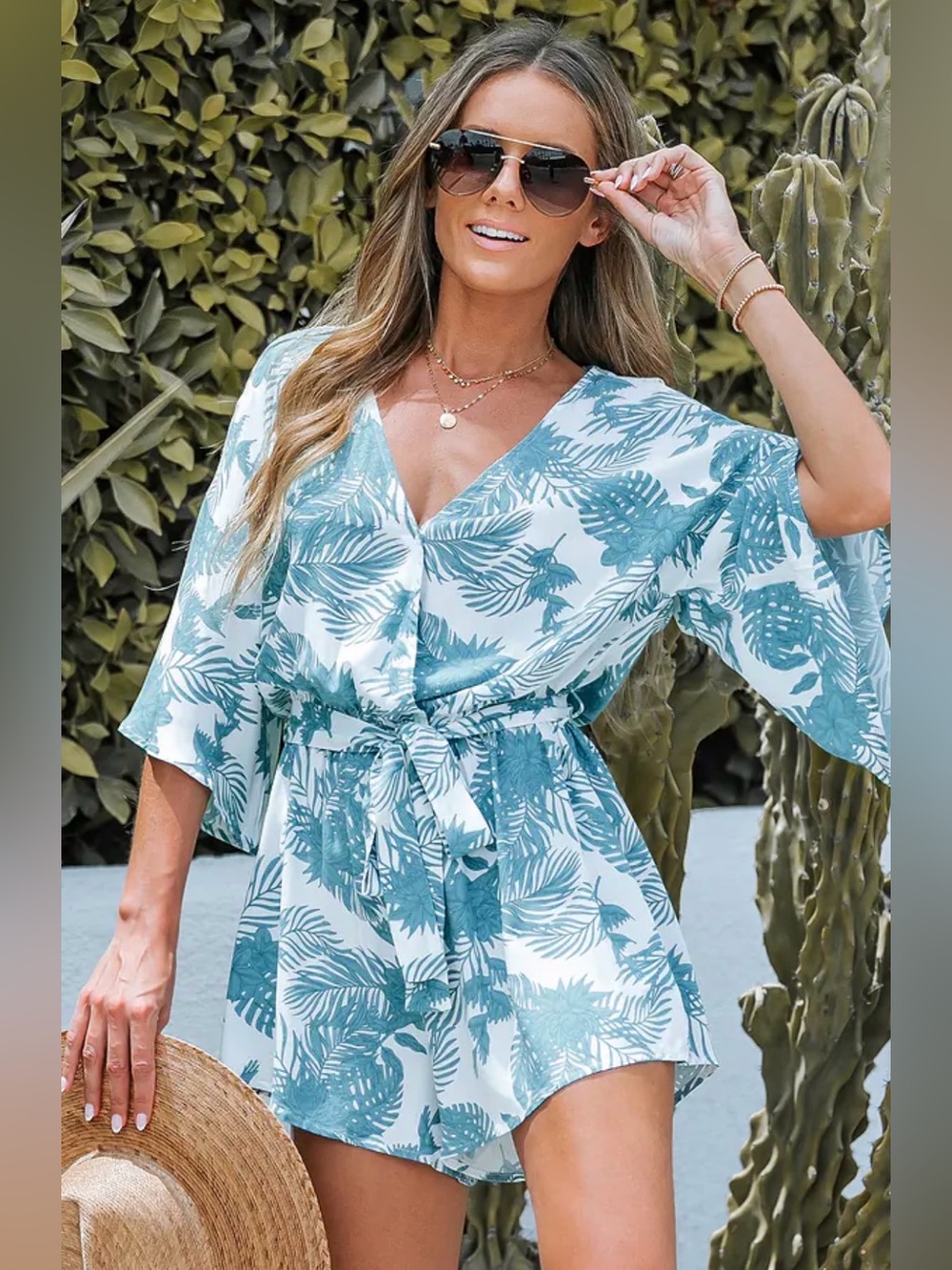 Cupshe-Tropical Floral Leaf Print Belted Romper